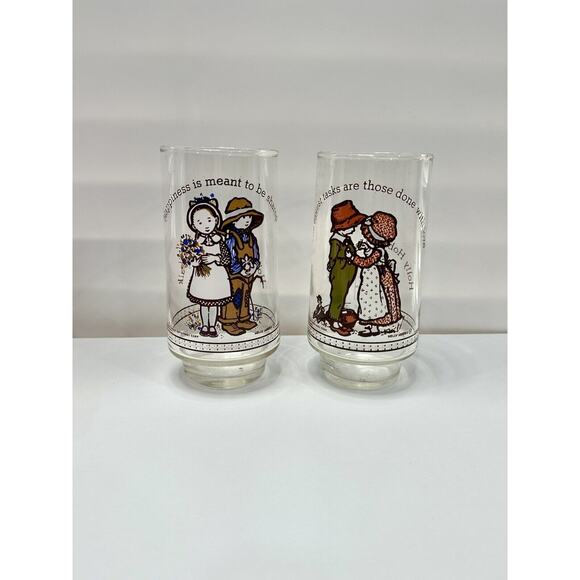 VTG Holly Hobbie Coca Cola "Happy Talk" Glasses Limited Edition Set of 2 1970s - Picture 1 of 2